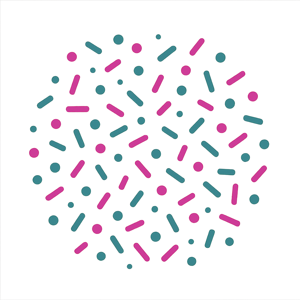 Confetti scatter pattern in petrol green and magenta. Single