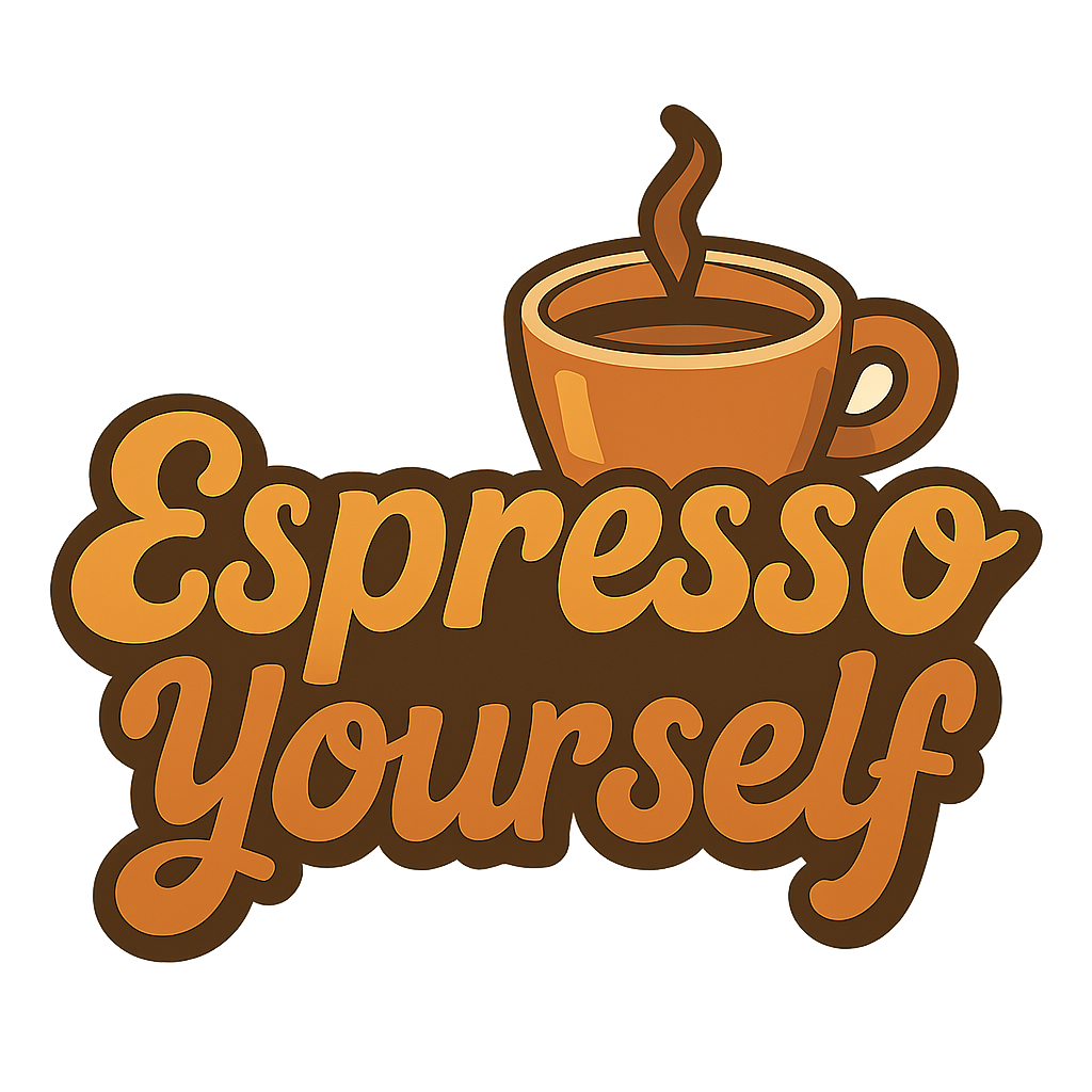 Pun coffee slogan badge "Espresso yourself"