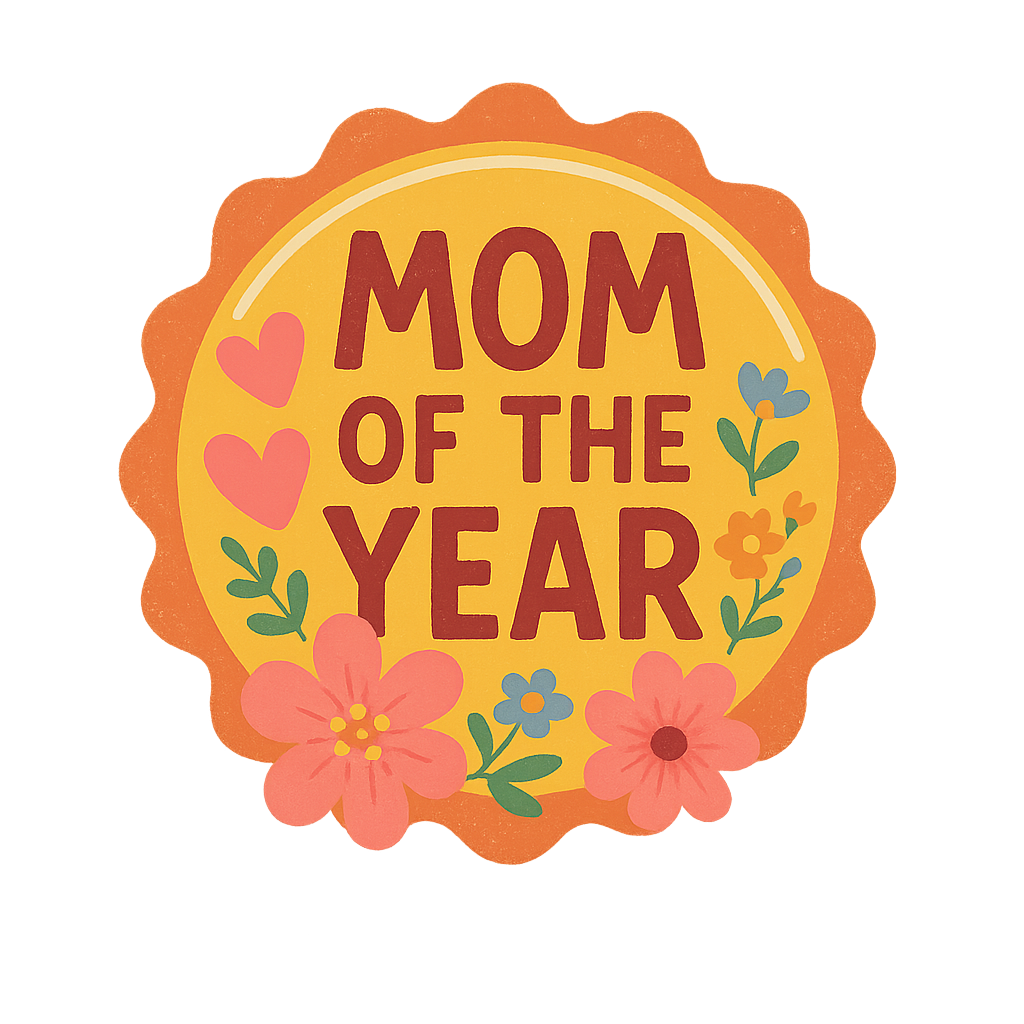 Mom of the Year badge with hearts and flowers. Single isolat